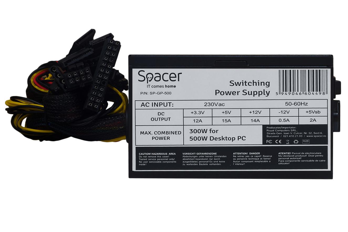 Sursa Spacer ATX 500, 300W for 500 Desktop PC, PFC pasiv, fan 120mm, 1x PCI-E (6), 4x S-ATA, 1x P8 (4+4), retail box, „SP-GP-500”-Dexter Computer