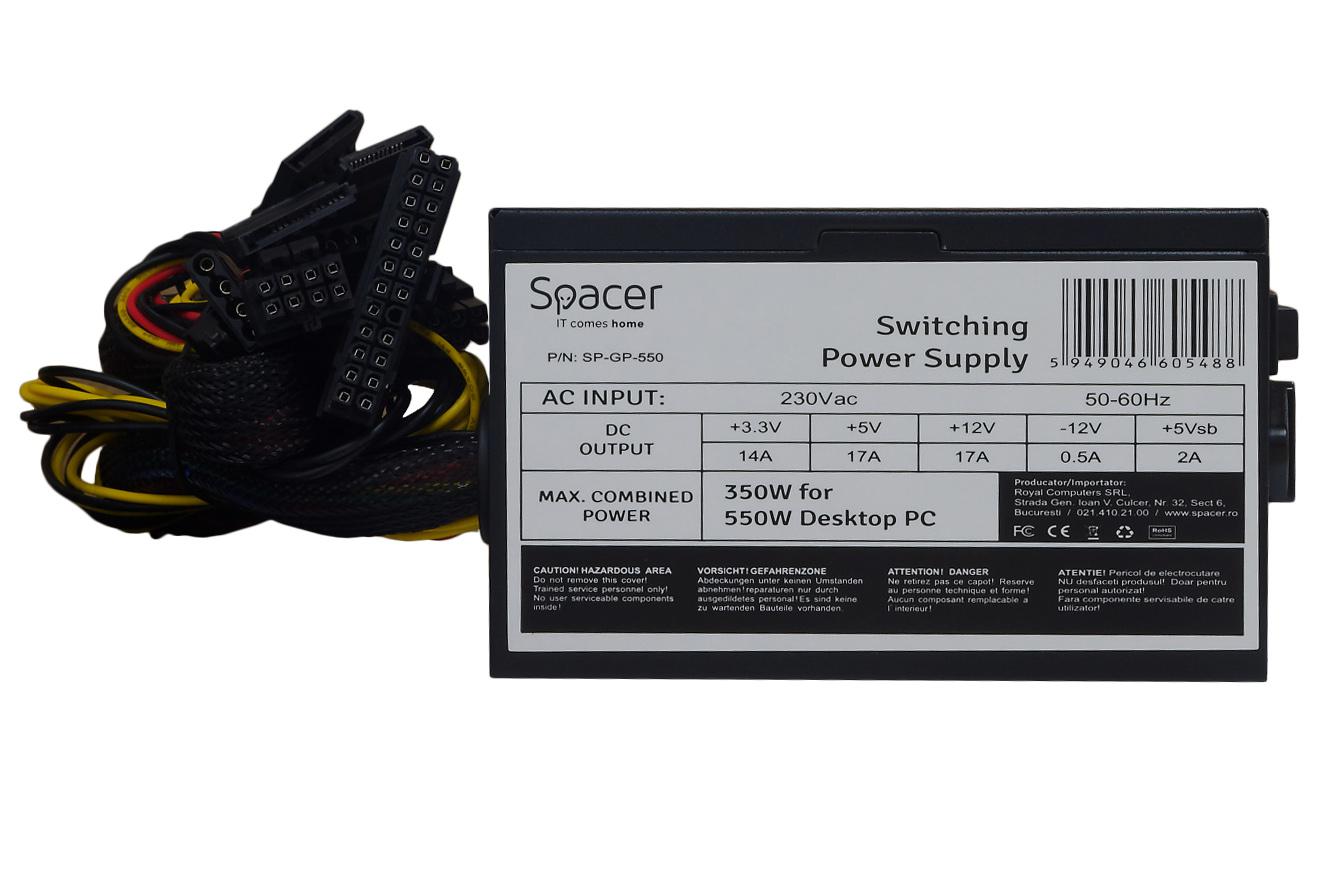 Sursa Spacer ATX 550, 350W for 550 Desktop PC, PFC pasiv, fan 120mm, 1x PCI-E (6), 4x S-ATA, 1x P8 (4+4), retail box, „SP-GP-550”-Dexter Computer